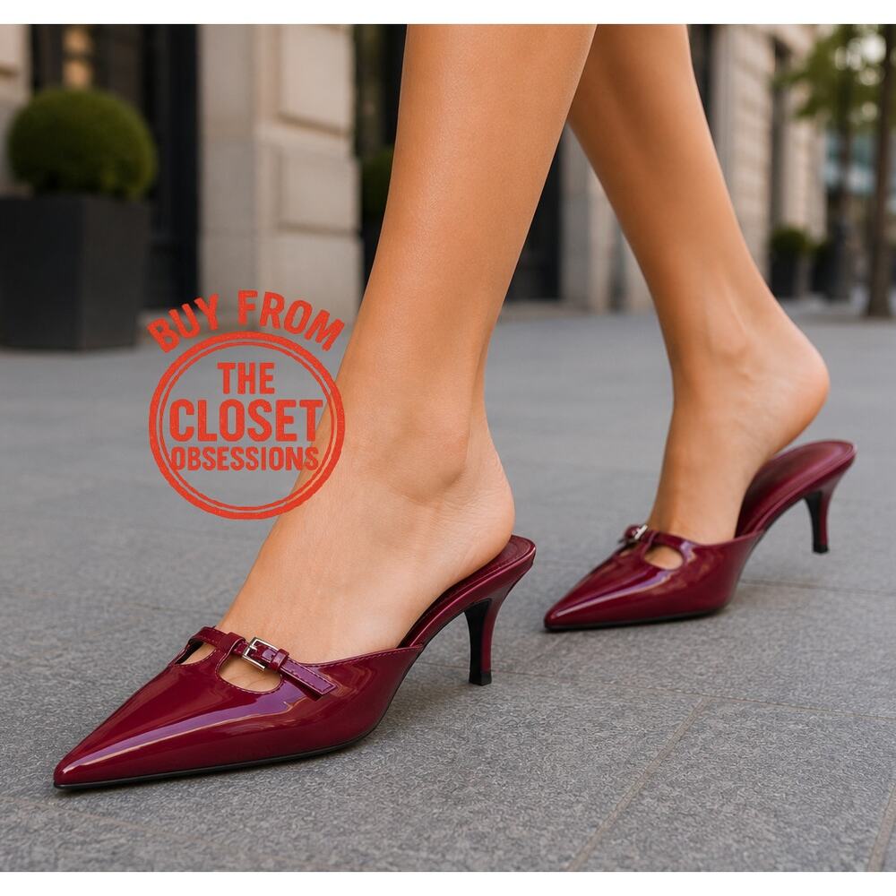 ZARA Burgundy Patent Pointed Toe Slip-On Heeled Mules NWT – Size 6.5 & 8 - Picture 2 of 16